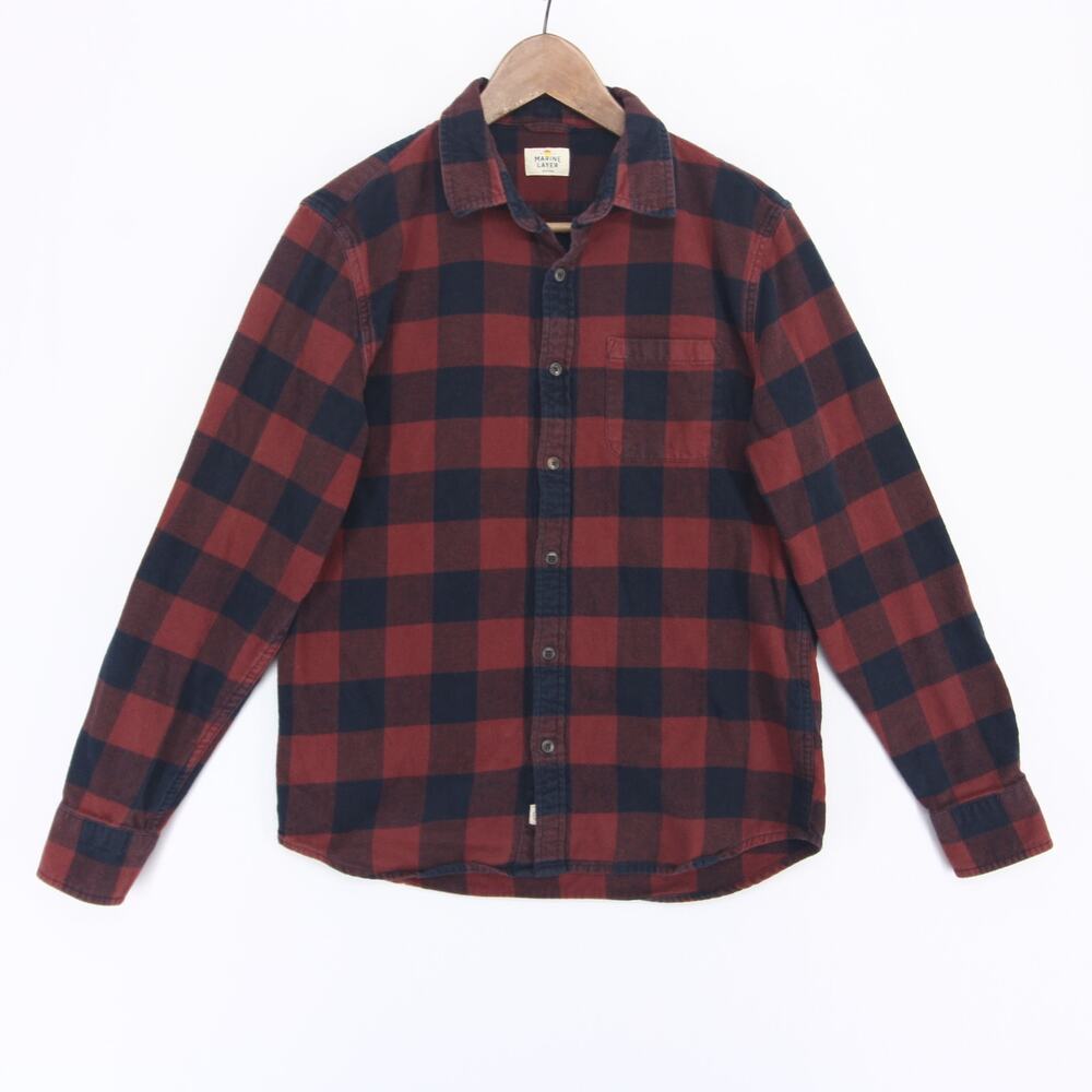 Marine Layer Tahoe Flannel Shirt Mens M Red Navy Plaid Button Up Long Sleeve
